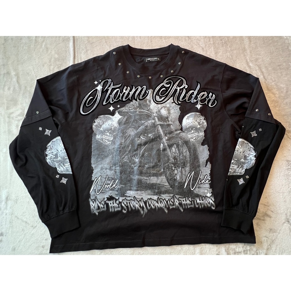 Roku Studio Long Sleeve Shirt Mens 2XL Black Storm Rider Skull Studded Graphic